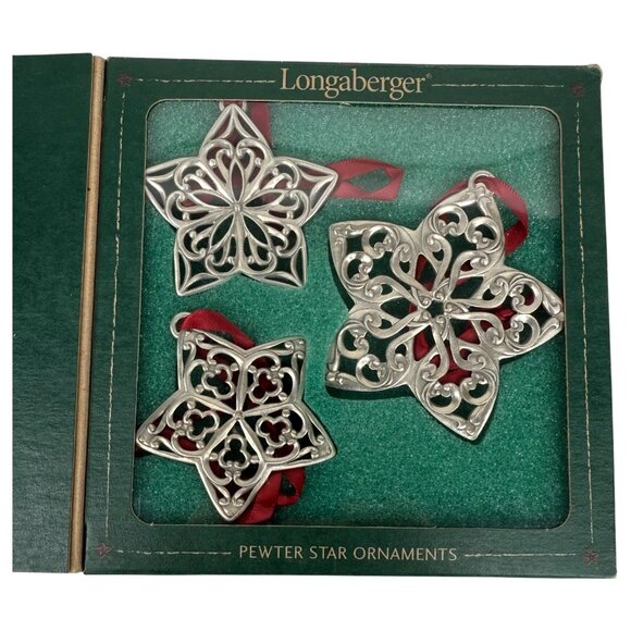 New 2001 Longaberger Pewter Star Ornament Set Of 3 Red Ribbon In Original Box - Picture 7 of 12